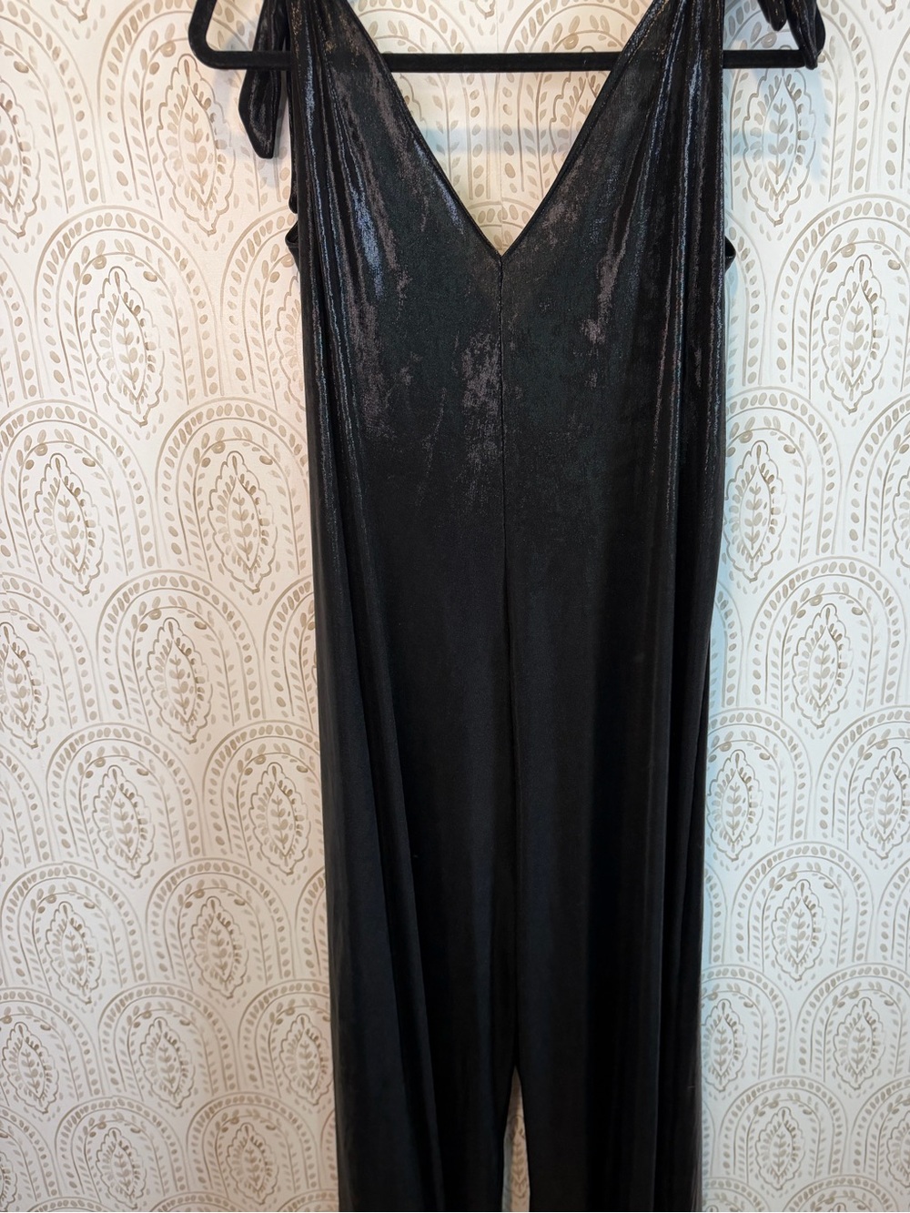 KPY Lounge Black Shimmer Wide Leg Tie Strap Jumpsuit One Size - Picture 7 of 9